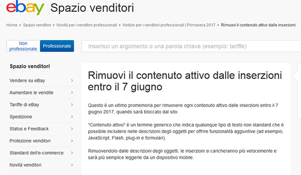 Rimuovere i contenuti attivi dalle inserzioni ebay 01